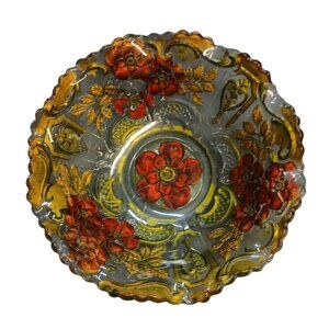 Vintage Embossed Glass Bowl With Red & Gold Floral Pattern *  MX01-B